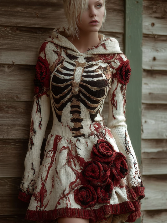 Halloween Blood Rose Women's Knit Hooded Sweater Dress artswardrobe