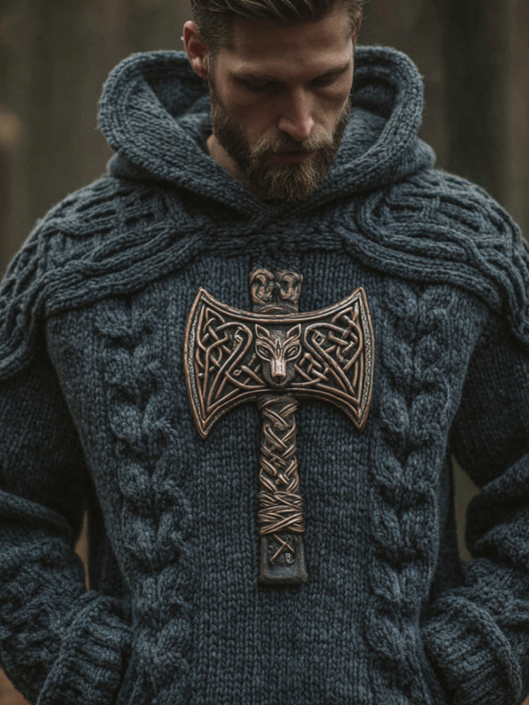 Men's Vintage Viking Thor's Hammer Pattern Long-sleeved Hooded Sweater elevenforest