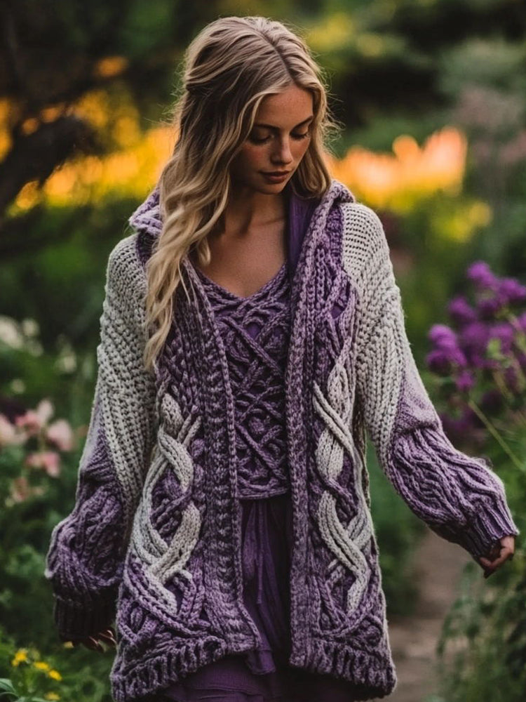 Women's Celtic Knot Gradient Color Cozy Knit Hooded Cardigan artswardrobe