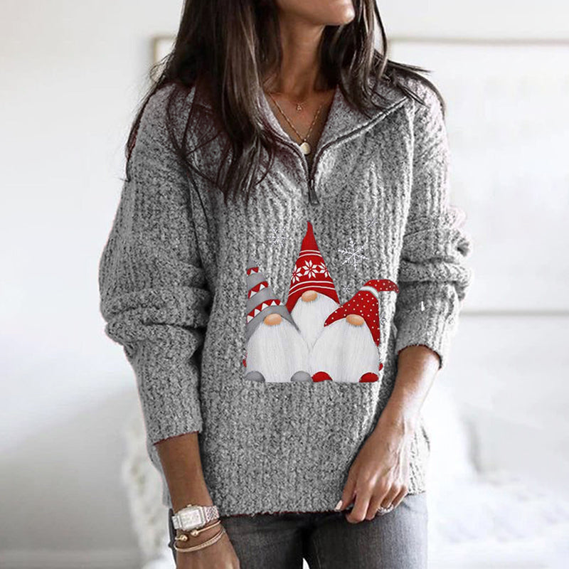 Santa Print Zipped Long Sleeve Knitted Sweater elevenforest