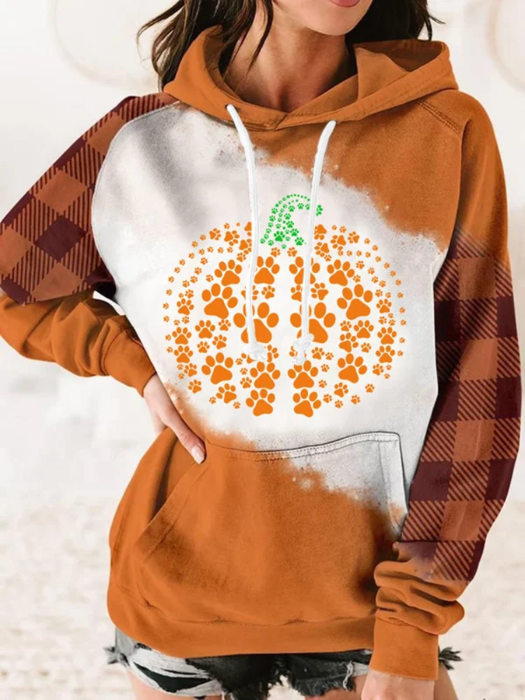 Women's Pumpkin Dog Paw Heart Print Plaid Panel Hoodie artswardrobe