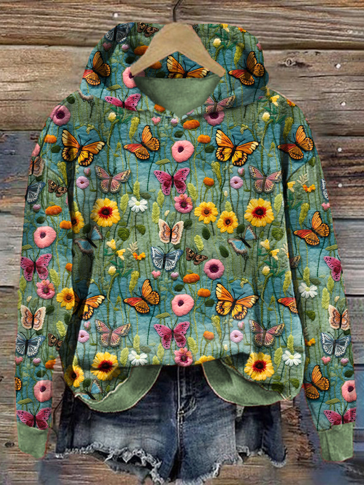 Comstylish Floral Butterfly Embroidery Art Cozy Hoodie