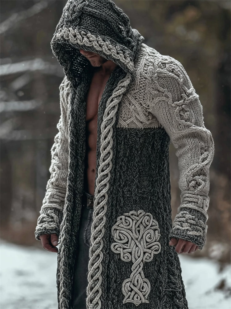 Men's Viking Tree Of Life Celtic Contrast Chunky Hooded Cardigan artswardrobe