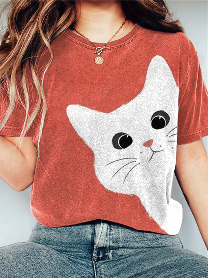 Comstylish Cute White Cat Art Print Casual T-Shirt