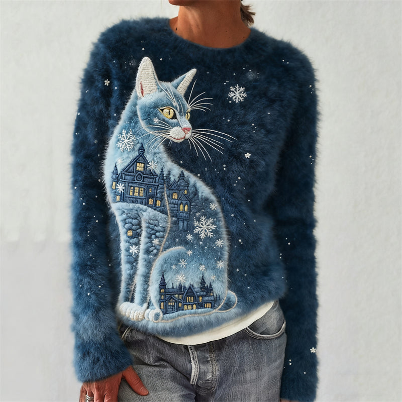 Comstylish Classy Cat Christmas Landscape Snowflakes Cozy Plush Sweatshirt