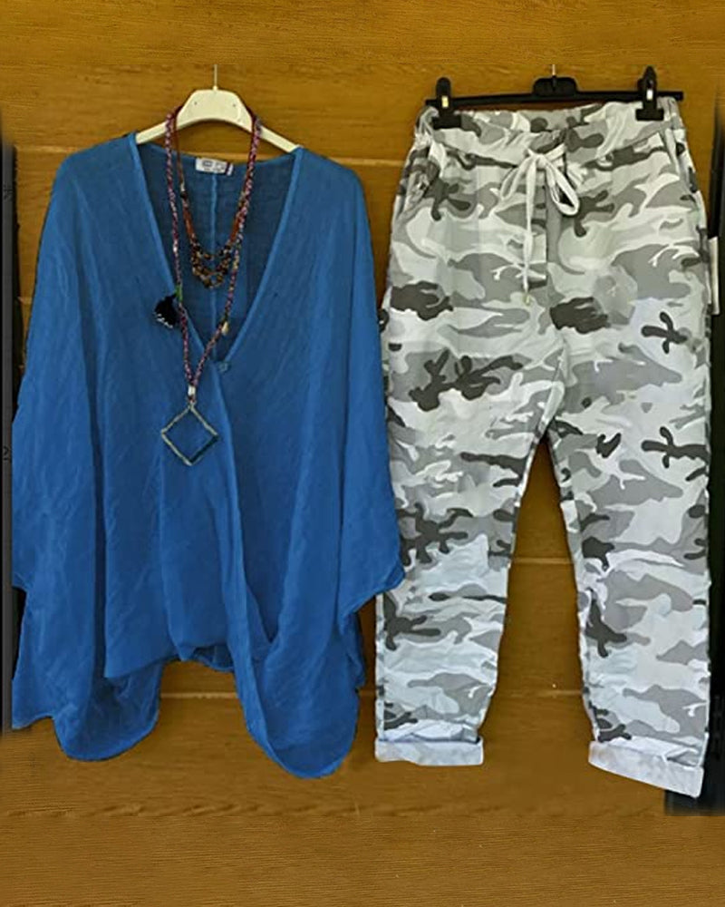 ER | Set di pantaloni e camicetta con motivo mimetico