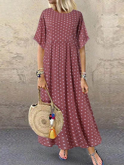 ER | Polka Dot Ladies Midi Dress Bohemian Holiday Manica corta O-Neck Long Robe Vintage Loose Casual A-line Vestidos Summer