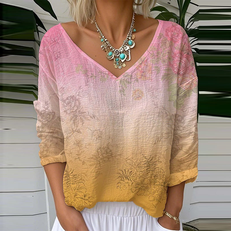Floral Gradient Print V-neck Loose Linen Blend T-shirt artswardrobe
