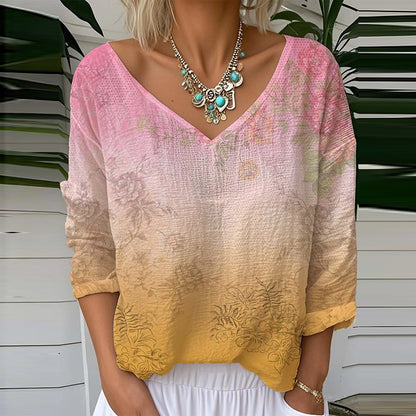 Floral Gradient Print V-neck Loose Linen Blend T-shirt artswardrobe