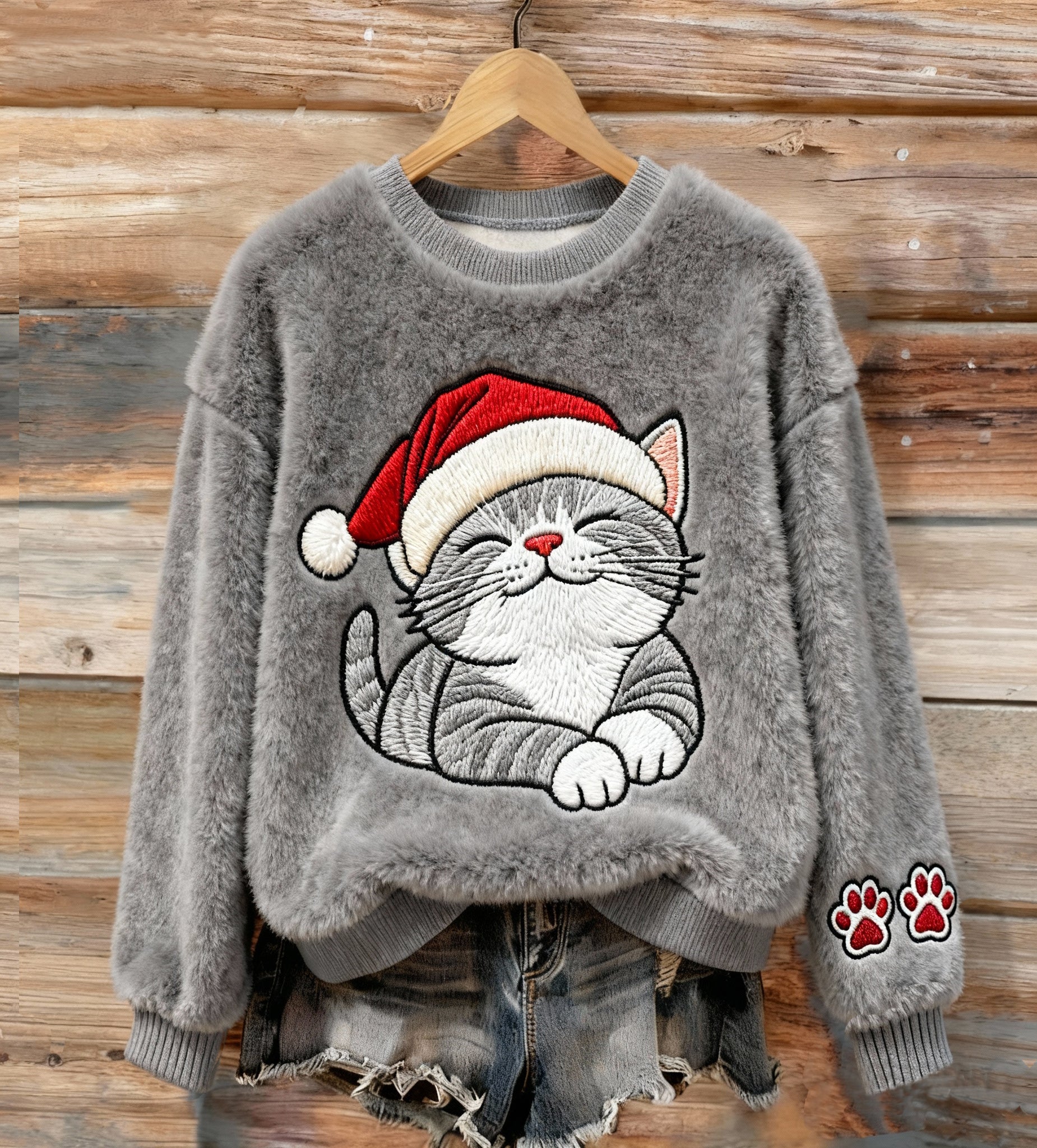 Comstylish Women's Cute Christmas Cat Embroidery Art Comfort Plush Sweatshirt
