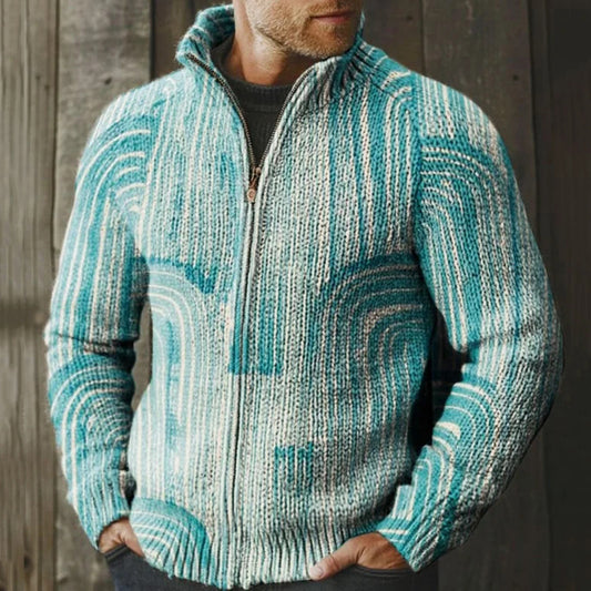 Men's Retro Geometric Contrast Zip Sweater elevenforest