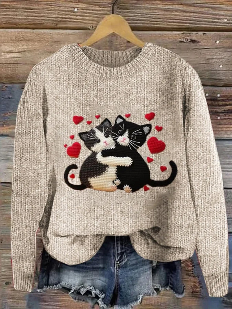Women's Cute Pet Cat Embroidery Printed Sweater elevenforest
