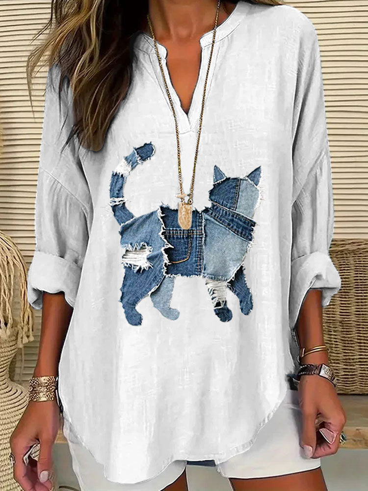 Women's Casual Funny Denim Cat Print T-shirt artswardrobe