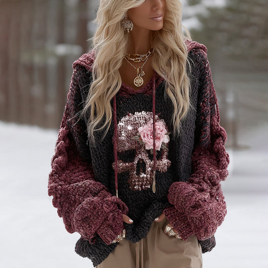 Women's Vintage Skull And Rose Color Block Art Knit Hooded Sweater artswardrobe