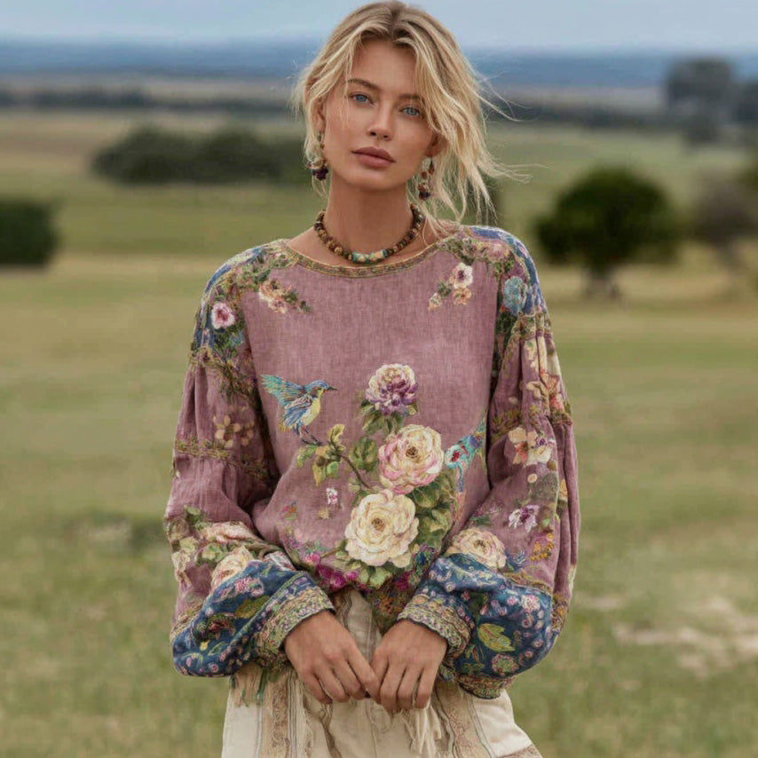 Women's Bohemian Floral And Bird Pattern Linen Crew Neck T-shirt elevenforest