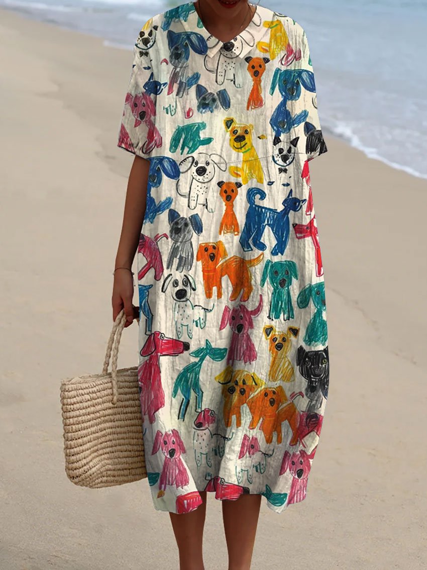 Women's Cute Kid Drawing Dog Print V Neck Vintage Linen Loose Dress
