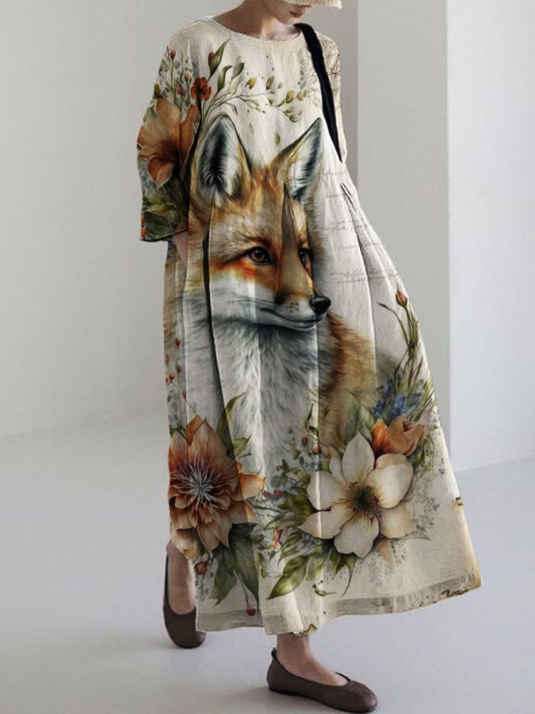 Vintage Fox Floral Art Linen Blend Maxi Dress artswardrobe