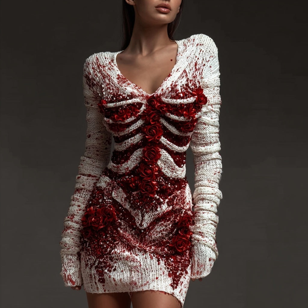 Classy Skeleton Bloody Roses Embroidered V Neck Sweater Dress artswardrobe