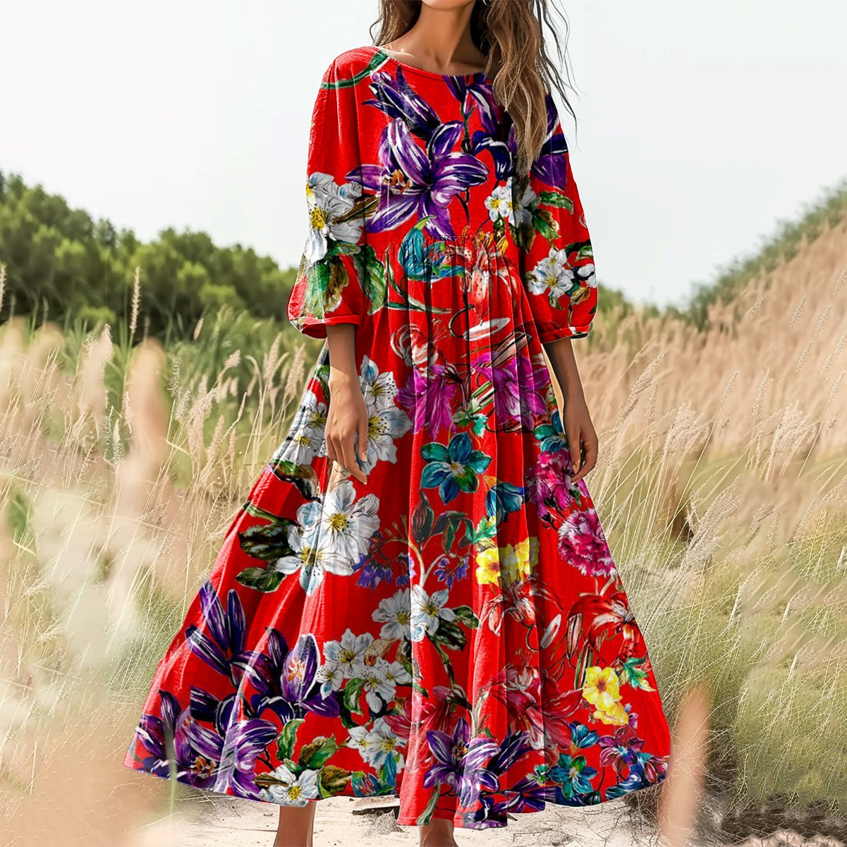 Women's Floral Art Print Cotton Crew Neck Dress