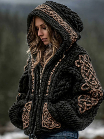 Women's Viking Celtic Knot Cozy Warm Knit Full Zip Hooded Sweater artswardrobe