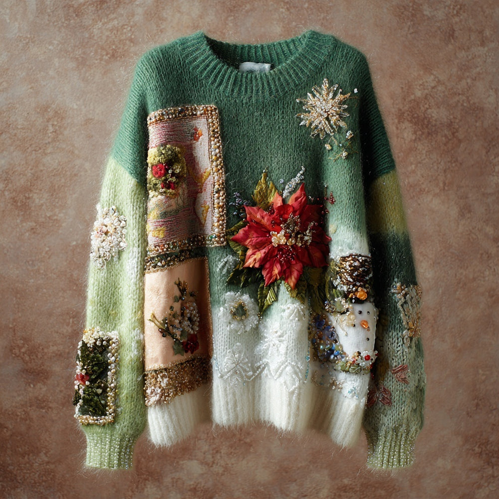 Christmas Inspired Embroidered Round Neck Cozy Knit Sweater artswardrobe