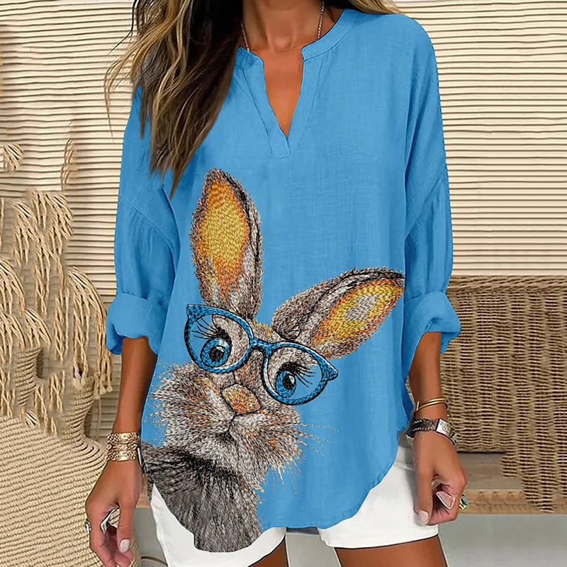 Comstylish Vintage Easter Bunny Embroidery Art Linen Blend Cozy Tunic