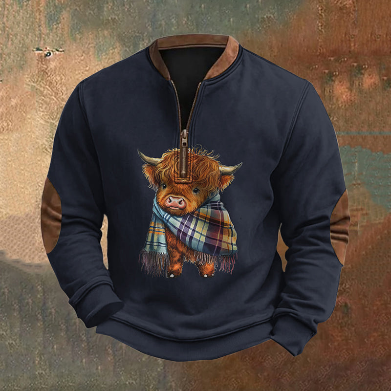 Men's Highland Cow Print Zipper Casual Sweatshirt artswardrobe