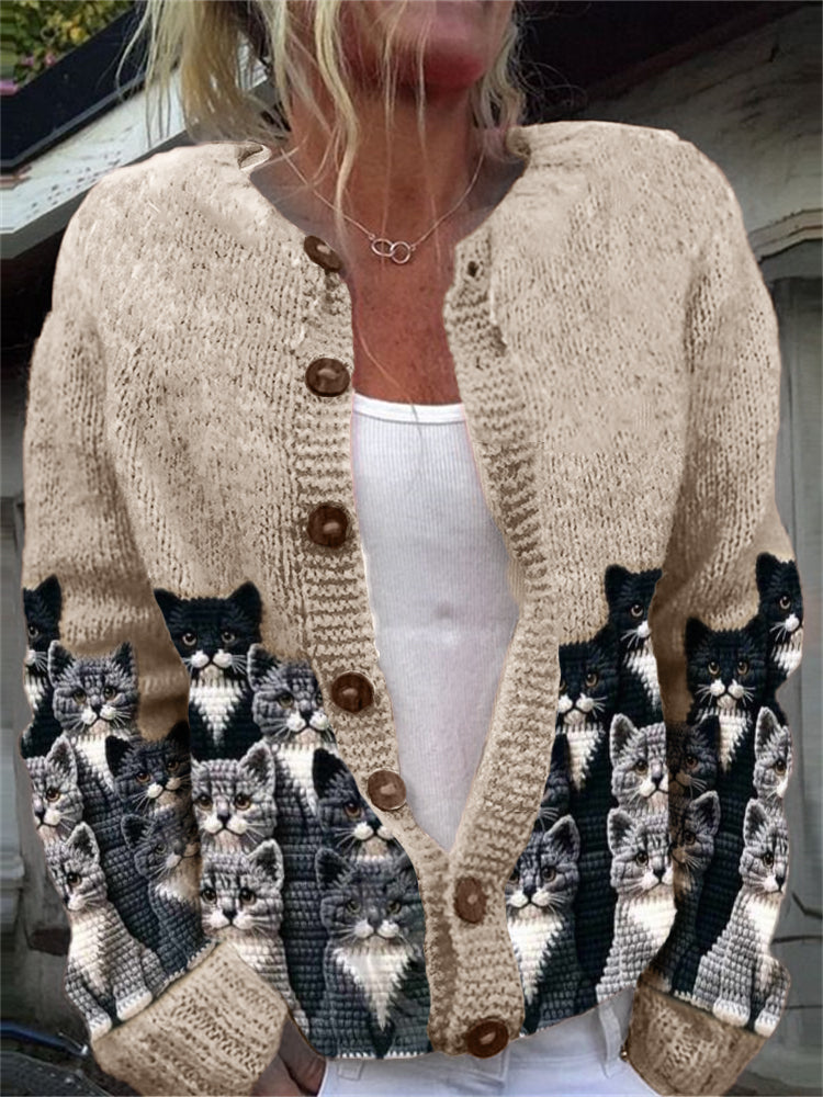 Comstylish Crowded Cats Crochet Art Cozy Knit Cardigan