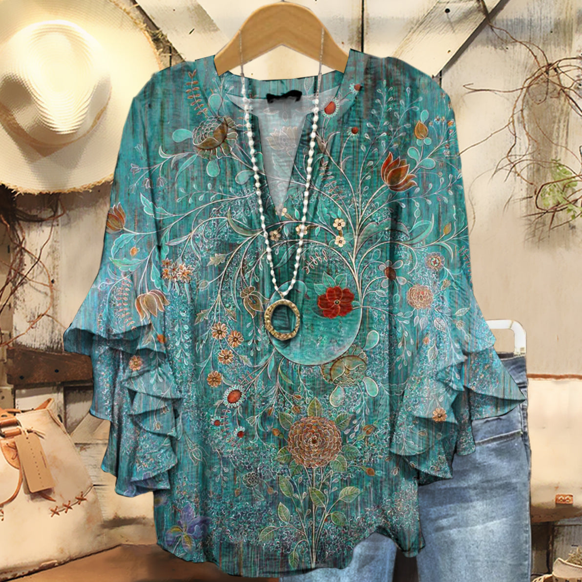 Women's Vintage Floral Art Print Casual Cotton And Linen Shirt