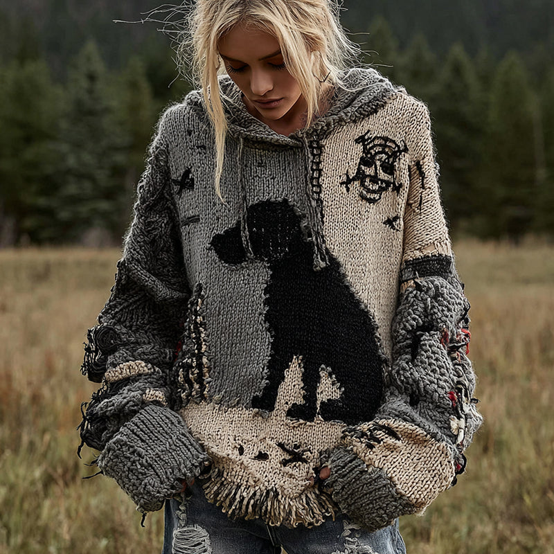 Comstylish Vintage Dog Horror Spider Web Cozy Knit Hooded Sweater