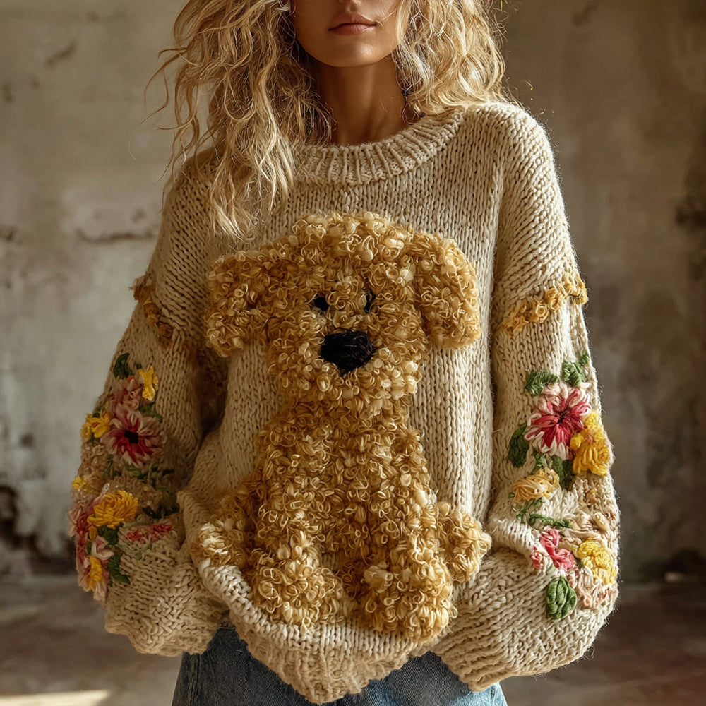 Vintage Toy Poodle With Floral Felt Art Inspired Embroidered Cozy Knit Sweater artswardrobe