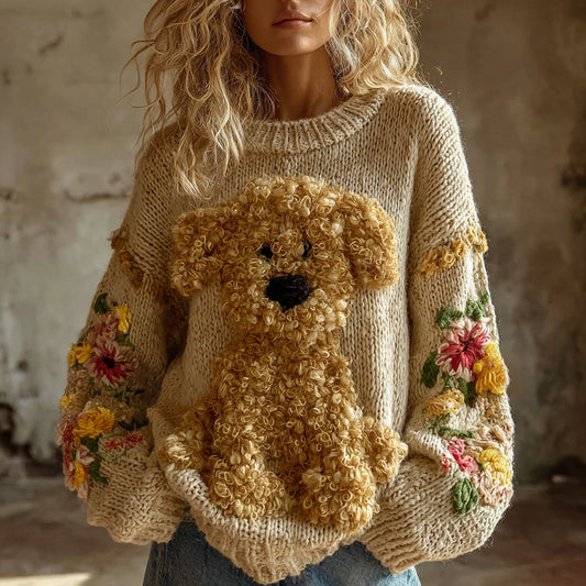 Vintage Toy Poodle With Floral Felt Art Inspired Embroidered Cozy Knit Sweater artswardrobe