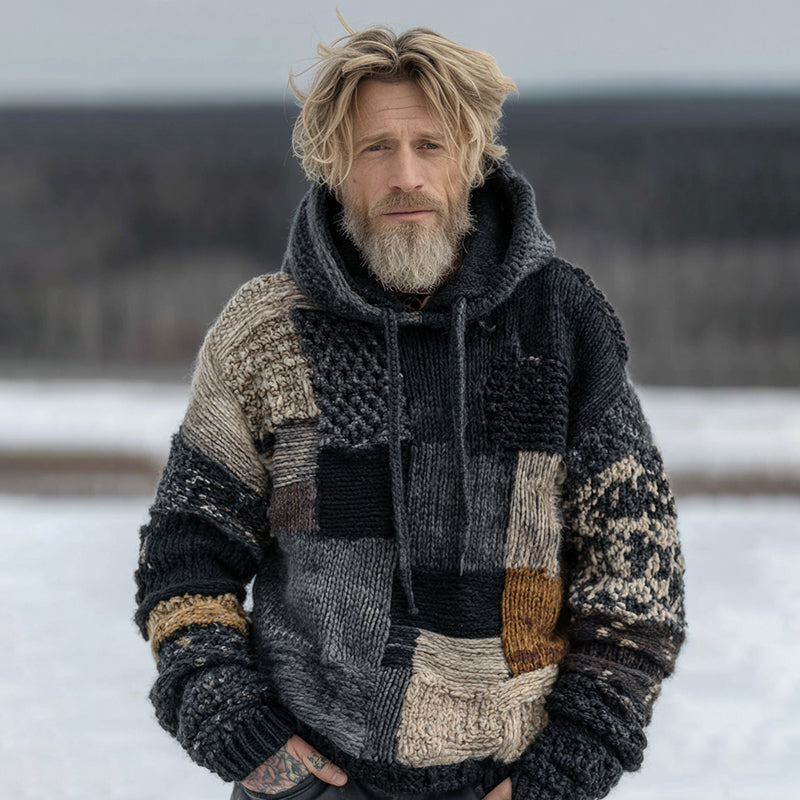 Vintage Fairman Island Geometric Block Jacquard Thick Warm Hooded Sweater elevenforest