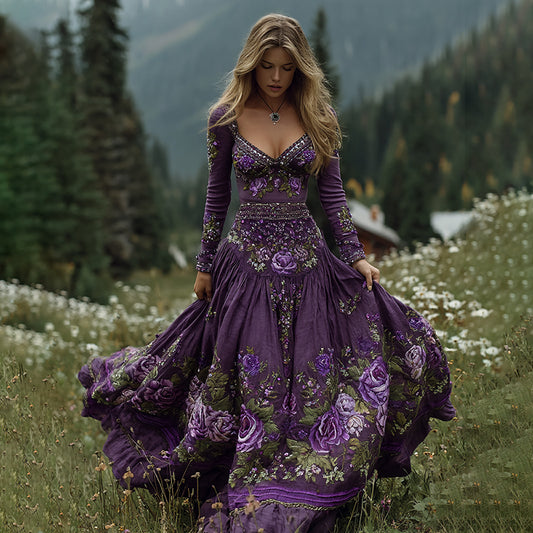 Comstylish Women's Vintage Flowers Embroidery Art V-neck Maxi Dress
