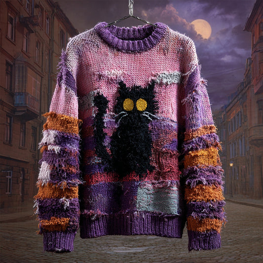 Halloween Black Cat Embroidered Patchwork Cozy Knitted Sweater artswardrobe