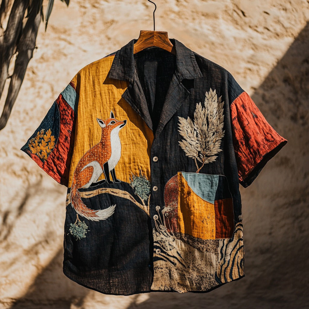 Men's Retro Fox Patchwork Contrast Color Support Our National Parks Art Linen Casual Shirt artswardrobe