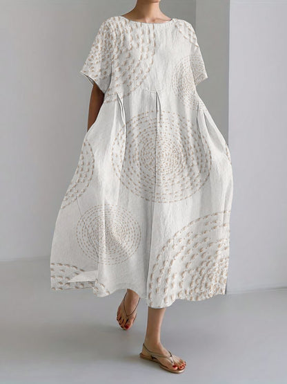 Comstylish Sea Waves Ripples Japanese Embroidered Linen Blend Maxi Dress