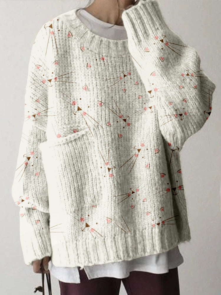 Comstylish Lovely Kitty Faces Pattern Big Pocket Cozy Sweater