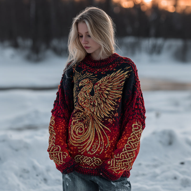 Women's Mythical Phoenix Embroidered Celtic Knot Ombre Sweater elevenforest
