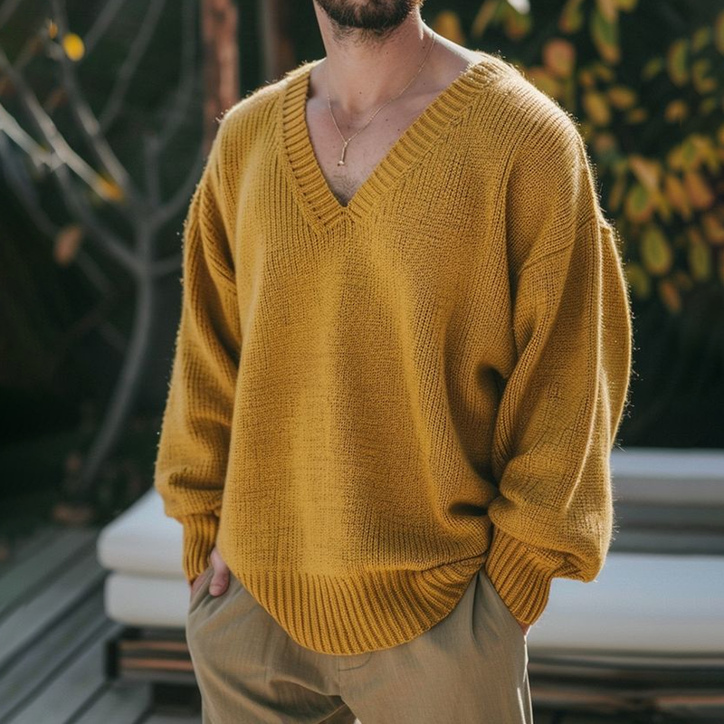 Retro Island Jacquard Patchwork Men's V-Neck Sweater elevenforest