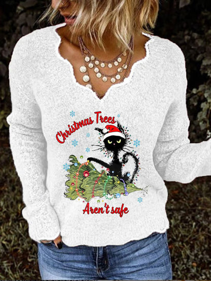 Women's Christmas Trees Aren T Safe Naughty Black Cat Print V-Neck Top artswardrobe
