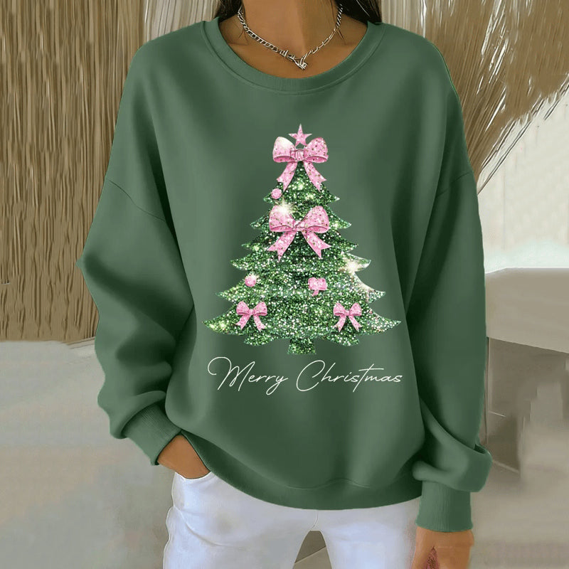 Comstylish Women's Christmas Tree Print Crew Neck Casual Sweatshirt