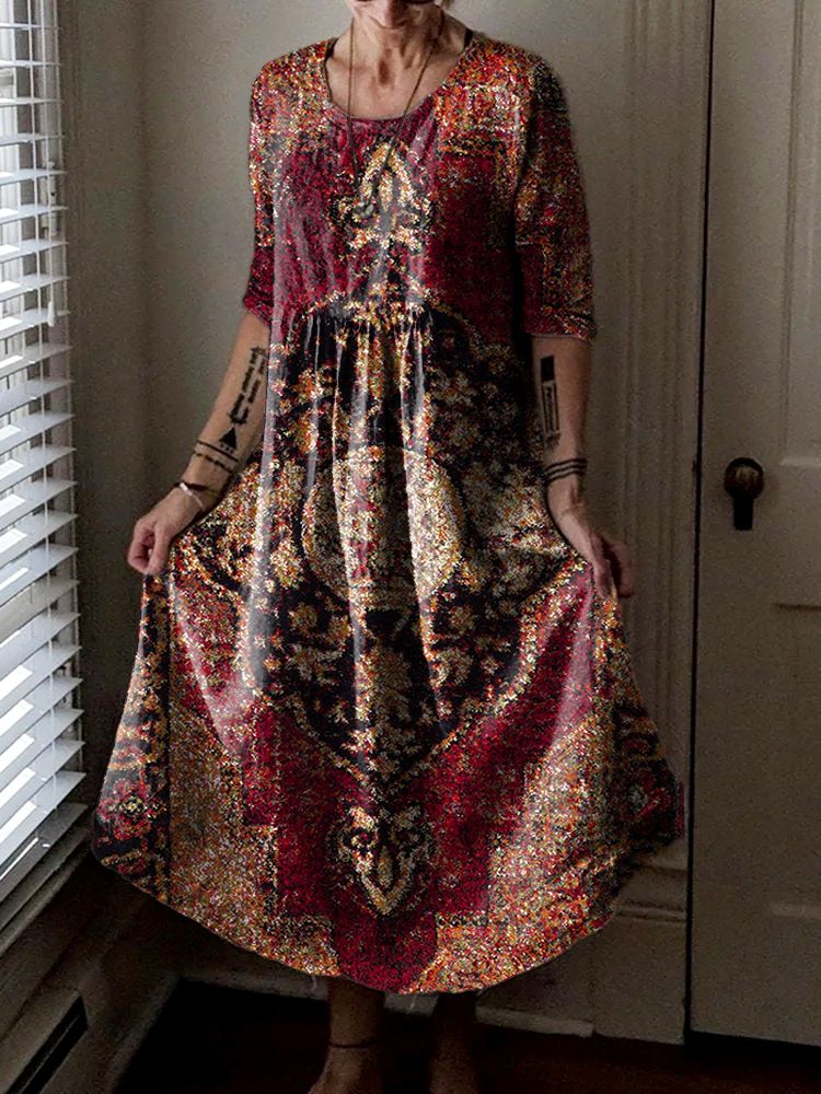 Women's Ethnic Pattern Art Print Pocket Cotton Dresses