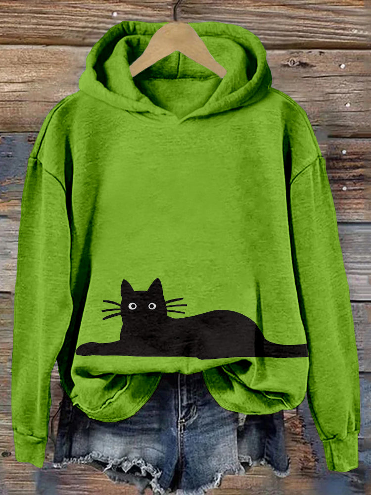 Cute Black Cat Pattern Print Vintage Cozy Hoodie elevenforest