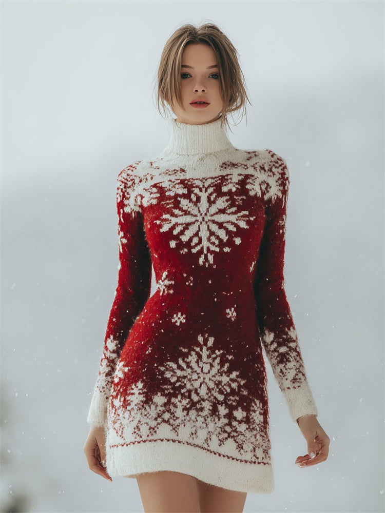 Classy Christmas Snowflakes Contrast Turtleneck Sweater Dress artswardrobe