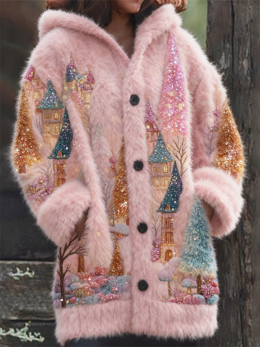 Colorful Glitter Christmas Trees Landscape Cozy Hooded Cardigan