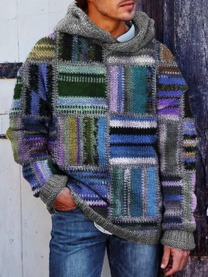 Men's Retro Colorblock Patchwork Cozy Hooded Sweater elevenforest