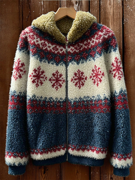 Vintage Christmas Snowflakes Fair Isle Cozy Hooded Fleece Jacket elevenforest