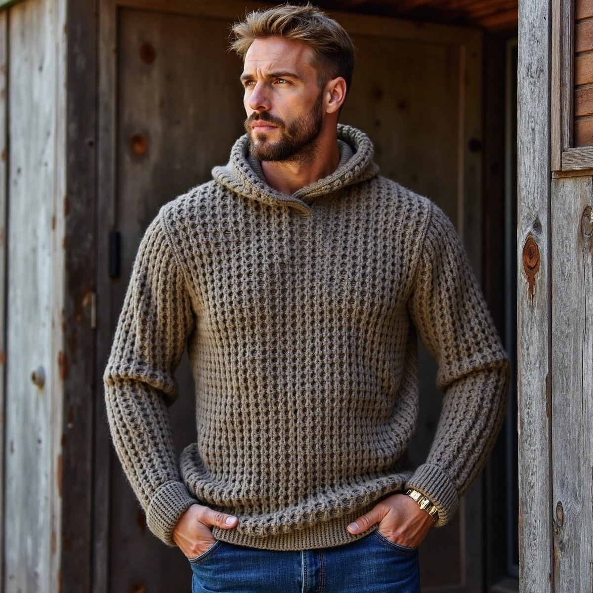 Men's Vintage Plaid Woven Solid Color Hooded Sweater artswardrobe