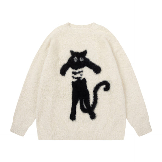 Abstract Black Cat Graphic Jacquard Art Fuzzy Knit Unisex Sweater artswardrobe
